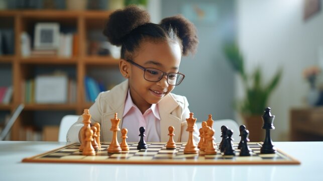 A little girl in glasses playing chess. Generative AI. - Powered by Adobe
