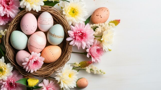 Easter eggs in a basket with flowers on a white background. Generative AI.
