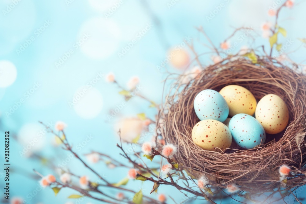 Wall mural Easter eggs in nest on blue background. Generative AI.