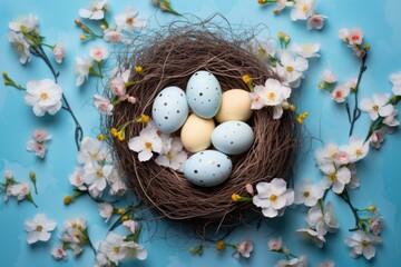 Easter eggs in nest on blue background. Generative AI.