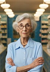 An elderly woman standing in a pharmacy store. Generative AI.