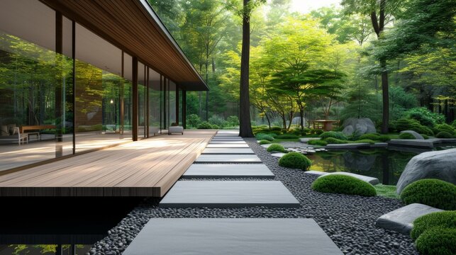 Clean and understated photo depicting a minimalist garden designed for reflection and tranquility