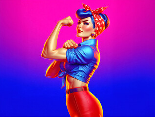 Fluro illustration of Rosie the Riveter as a superhero, flexing her muscles and showcasing female empowerment