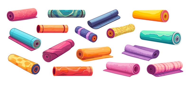 Yoga mat cartoon set. Isolated pilates mats for training in gym or home. Equipment for stretching, sport accessories vector clipart