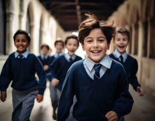 School children running in a corridor. Generative AI.