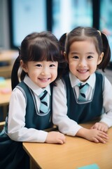 Two young girls in school uniforms smiling at the camera. Generative AI.