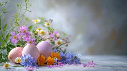 Fototapeta na wymiar Elegant composition capturing the essence of Easter with vibrant eggs and fresh spring blooms