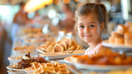 A bustling breakfast buffet at a sunny seaside resort, with a beautiful child standing at the lavish spread, their eyes wide with excitement as they pile their plate high with fluf