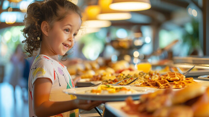 A bustling breakfast buffet at a sunny seaside resort, with a beautiful child standing at the lavish spread, their eyes wide with excitement as they pile their plate high with fluf