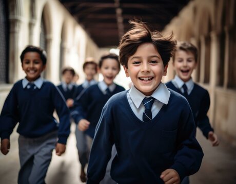 School children running in a corridor. Generative AI. - Powered by Adobe