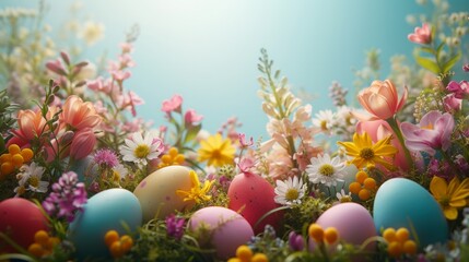 Obraz na płótnie Canvas Elegant composition capturing the essence of Easter with vibrant eggs and fresh spring blooms