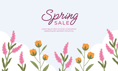 Spring sale banner with flowers and leaves