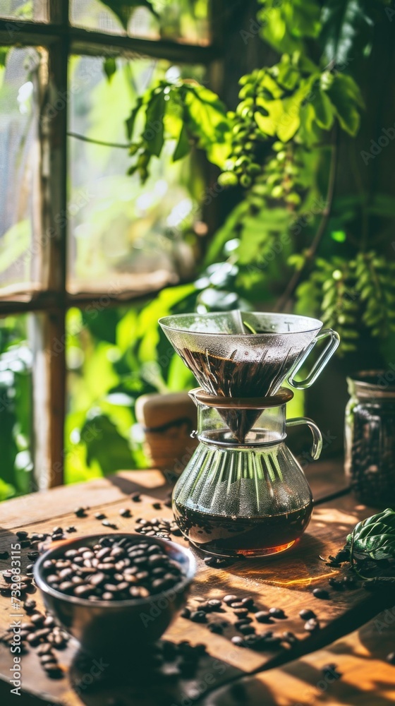 Poster Coffee beans on a table with a glass coffee pot. Generative AI.