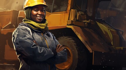 Fototapeta na wymiar A smiling African woman miner stands next to a large haul truck in his safety gear, arms folded.