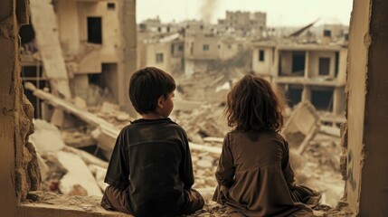 Fototapeta na wymiar Two children sit on a window sill looking out at a destroyed city. Generative AI.