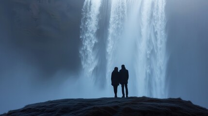 Minimalist shot depicting a romantic rendezvous with a stunning waterfall as the backdrop