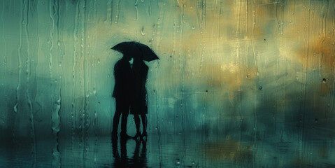 Artistic depiction of romance as a couple shares a romantic moment in the midst of rainfall