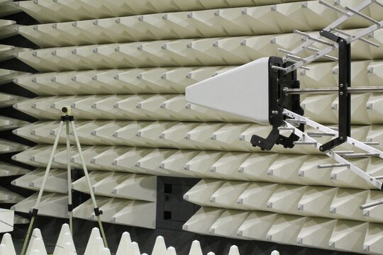 Antenna for electromagnetic compatibility radiated immunity testing in a semi anechoic chamber. EMC waves spectrum field GTEM cell laboratory