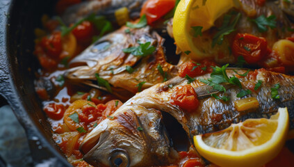 Grilled fish fillet on a plate with a variety of vegetables. Golden-crusted fish with bright cherry tomatoes