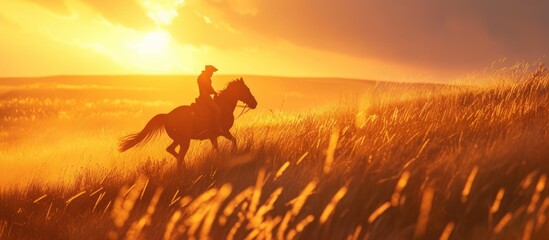 Silhouette a cowboy riding a horse in the middle of grass in meadow at sunset scene. AI generated
