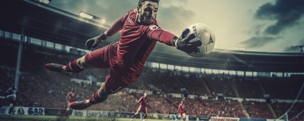 Rear view shot: Male professional soccer goalie dives to prevent a goal in live international game.