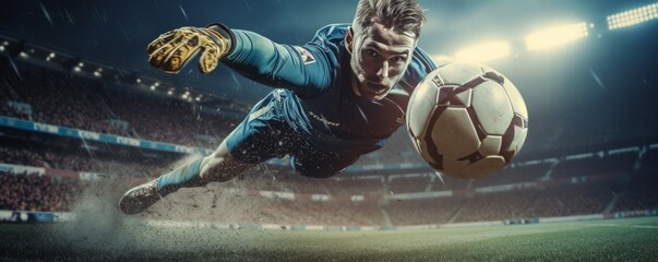 Rear view shot: Male professional soccer goalie dives to prevent a goal in live international game. - obrazy, fototapety, plakaty