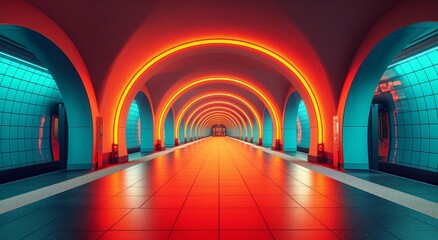 The symmetrical orange lights illuminate the long subway tunnel, casting a warm glow on the indoor walls as one ventures deeper into the unknown