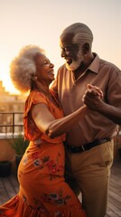 Senior African American couple dances joyfully on the balcony.