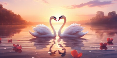 Fototapeta premium Two swans at sunrise or sunset, photo for poster. Romantic photo for Valentine's Day. Generative AI