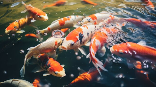 Japanese koi carp swim in an orange pond, surrounded by nature and aquatic life.