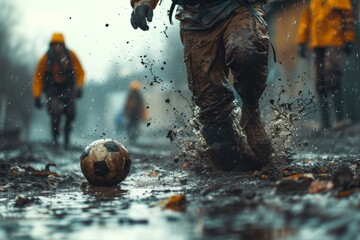 A determined soccer player braves the pouring rain and muddy field as they kick the wet ball with determination and skill