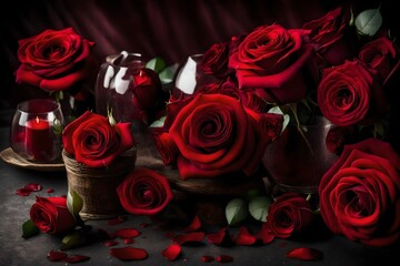  A Table of Enchanting Elegance, Adorned with a Background Set of Red Rose Flowers, Their Velvety Petals Gleaming like Precious Jewels in the Gentle Illumination of Flickering Candlelights, Inviting Y