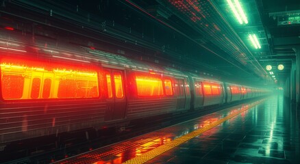 Fototapeta na wymiar The vibrant glow of red lights illuminating the deserted train platform creates a sense of anticipation and longing for the rumbling subway train, fueled by electricity, to whisk passengers away to t