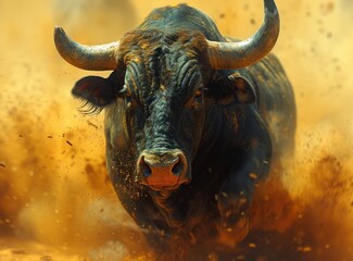 A powerful bull charges through a cloud of swirling dust, its mighty horns and muscular frame embodying the raw strength and untamed spirit of the wild