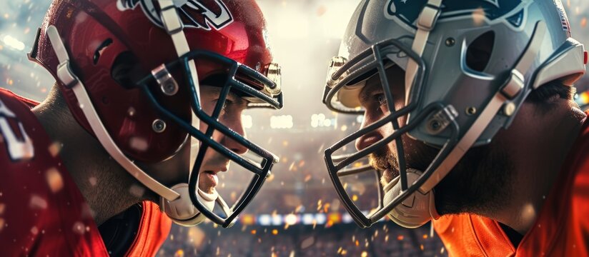 Portrait two young American football players with helmets looks to each other in match. AI generated