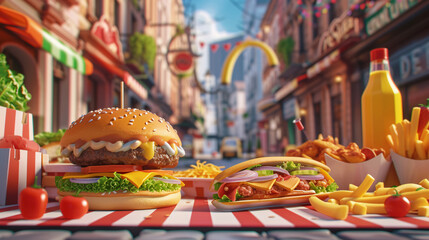 Vibrant 3D Vector Illustration of Fast Food Delights  A Symphony of Street Food Icons Including...