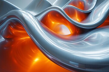 A vibrant abstract sculpture of silver and orange waves, reminiscent of a speeding car through amber hues, evokes a sense of movement and modern art