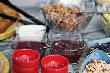 Fruit jams in glass jars