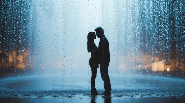 Minimalist capture portraying the deep connection between two lovers amidst a gentle shower