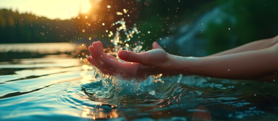 Female hand holding splash fresh pure water in the river or lake. AI generated image