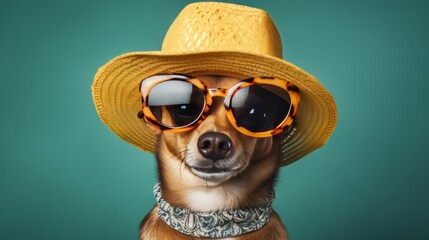 A dog donning stylish sunglasses and a straw hat in summer attire.