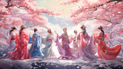 An enchanting scene depicting women in traditional Japanese kimonos under a cherry blossom canopy, symbolizing grace, beauty, and a serene connection with nature.