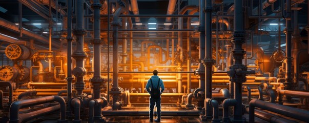 A factory worker oversees heating plant operations involving pipes, valves, and boiling.