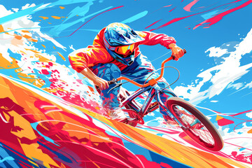 BMX Rider in action in the arena over blue, white and red background. Paris 2024. Sport illustration.