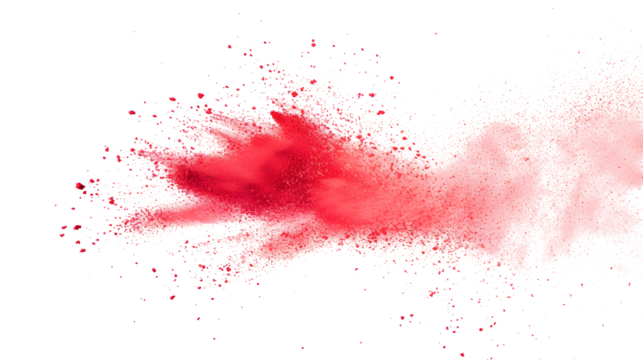 Red chalk pieces and dust flying, effect explode isolated on white background