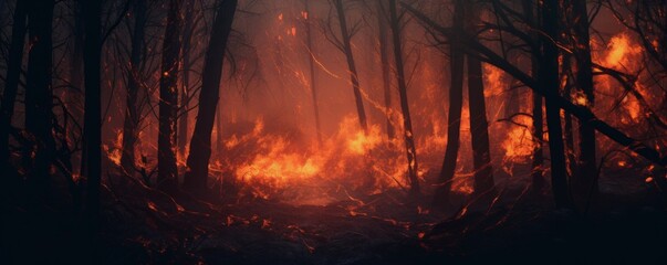 Trees in the wild consumed by raging flames. - obrazy, fototapety, plakaty