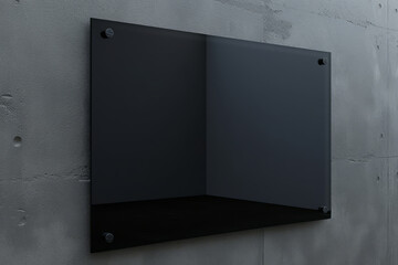 Blank black glass signboard on wall mockup. Empty hanging plexiglass name plate mockup. Clear dark namesign on wall for corporate or store. Generative AI