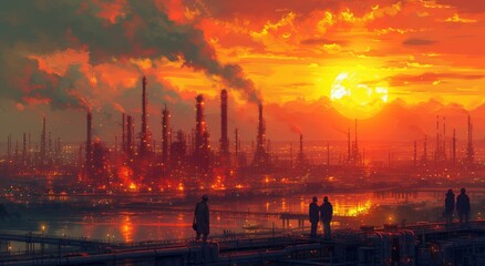 Fototapeta na wymiar As the sun sets over the city, a couple stands on the dock, gazing at the imposing factory, its chimneys belching thick clouds into the sky as the heat of the day lingers in the outdoor air and the v