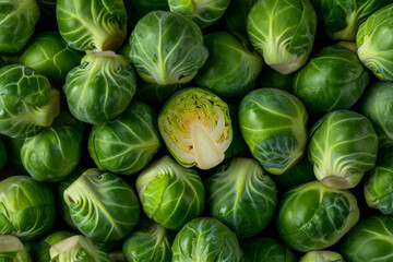 Raw brussels sprouts in farmers market. Organic food background. Generative AI - obrazy, fototapety, plakaty