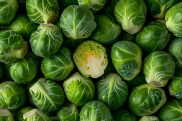 Deurstickers Raw brussels sprouts in farmers market. Organic food background. Generative AI © barmaleeva